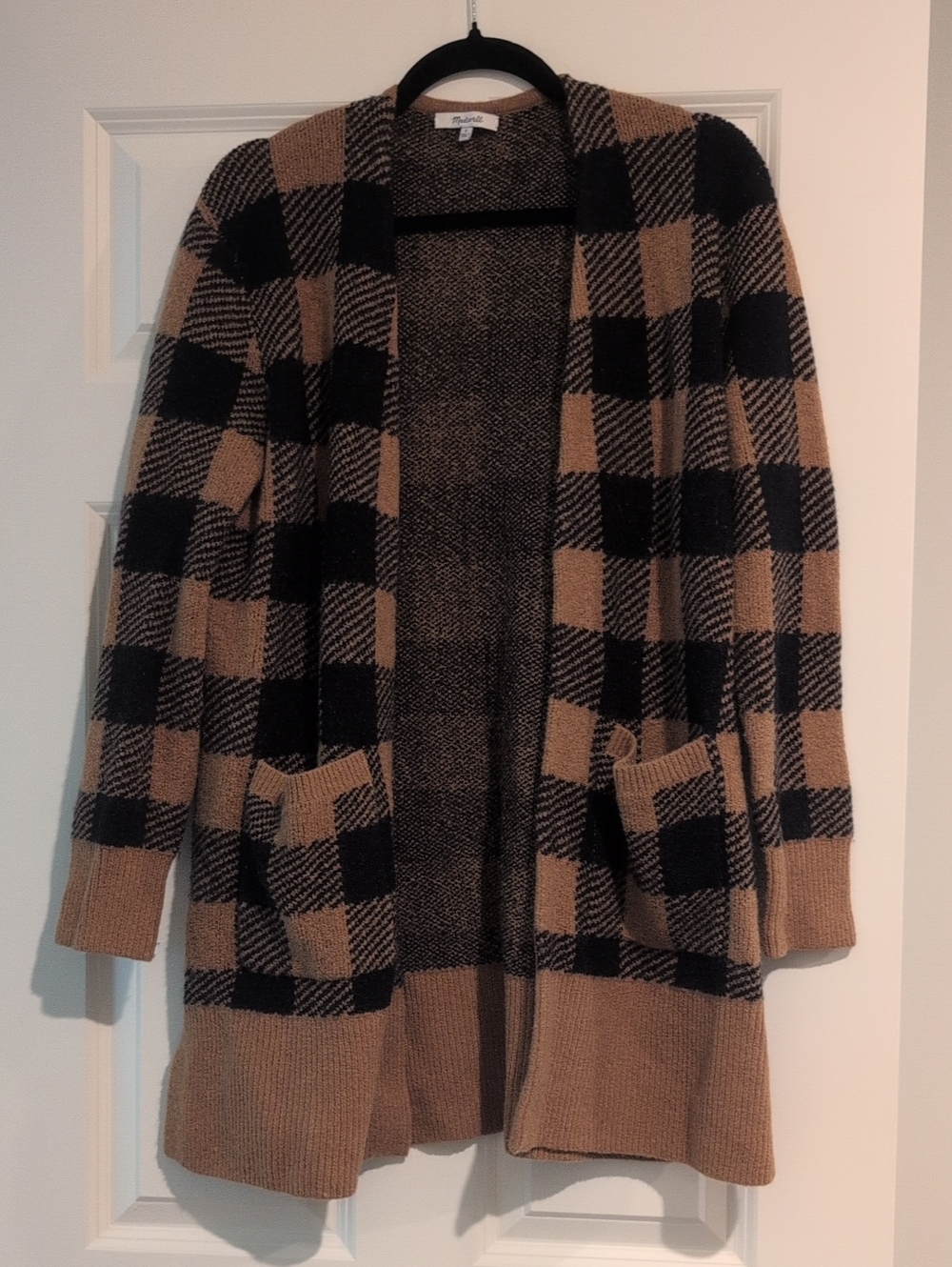 Madewell Plaid Open-Front Cardigan in Black and Camel